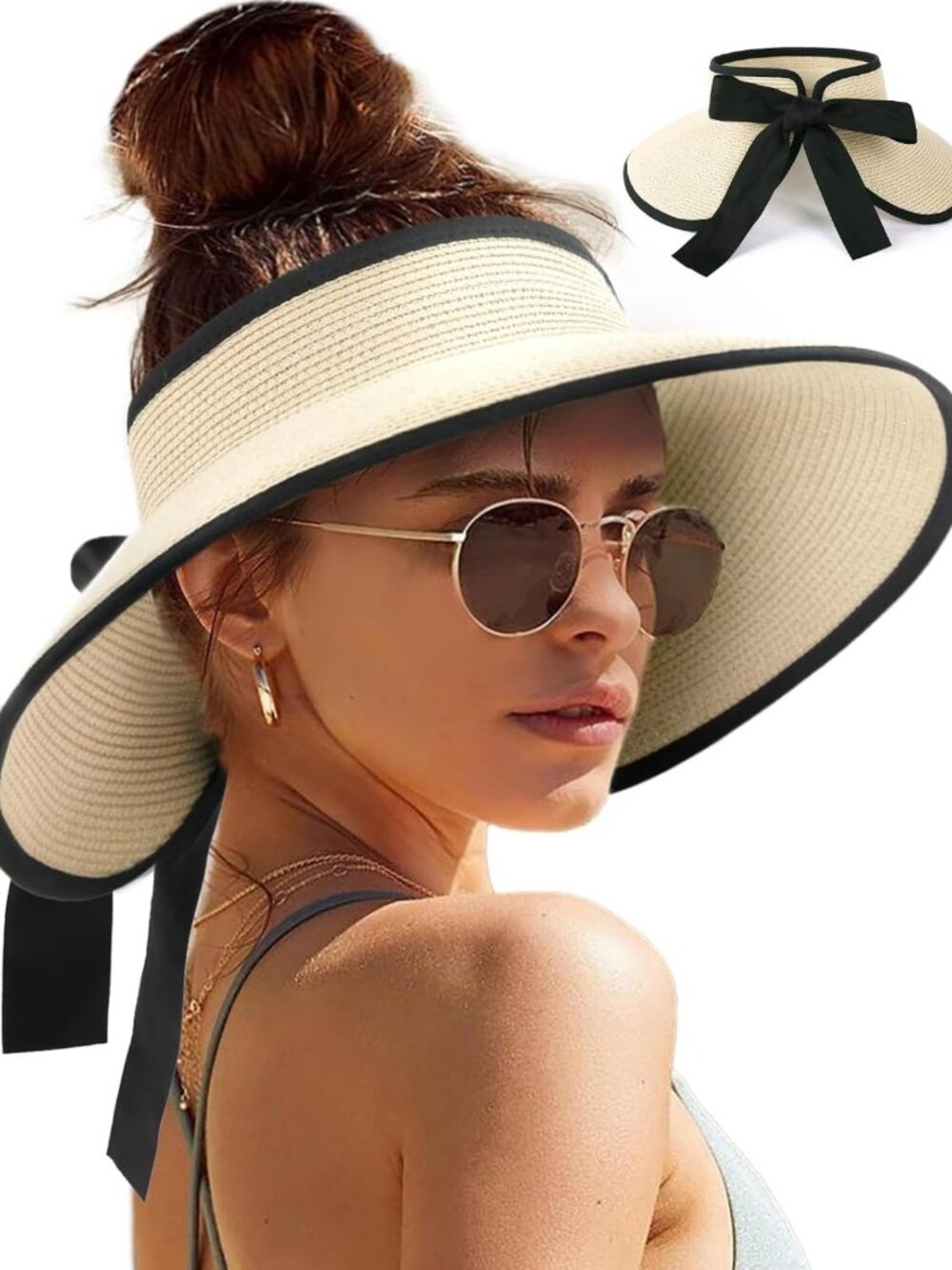 Stylish Women's Straw Sun Visor Hat - UPF Protection, Wide Brim, Perfect for